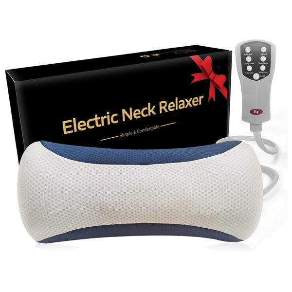 Best Tool Electric Cervical Neck and Shoulder Relaxer with Heat and Height Adjustment features an ergonomic white and blue cushion, wired remote, and comes in a black box with gold text and a red ribbon graphic.